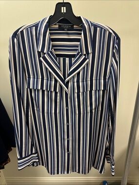 Lafayette 148 New York Navy and White Vertical Stripe Button-Down